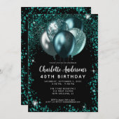 ブラックエレガントティール（緑がかった色）グリーングリッターバルーン誕生日 招待状 (正面/裏面)