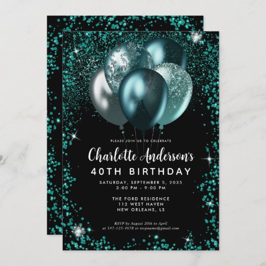 ブラックエレガントティール（緑がかった色）グリーングリッターバルーン誕生日 招待状 (正面/裏面)