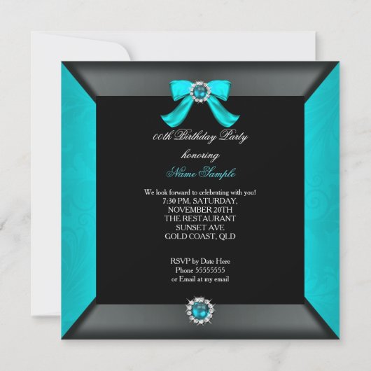 ブラックエレガントティール（緑がかった色）パールボウバースデーパーティー 招待状 (裏面)