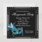 ブラックエレガントティール（緑がかった色）ブルーマスカレードパーティー 招待状 (裏面)