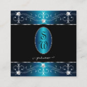 ブラックエレガントティール(緑がかった色)ブルー華美オーナメントイニシャル スクエア名刺 (正面)