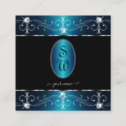 ブラックエレガントティール（緑がかった色）ブルー華美オーナメントイニシャル スクエア名刺 (正面)