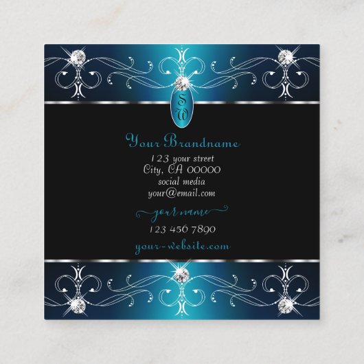 ブラックエレガントティール(緑がかった色)ブルー華美オーナメントイニシャル スクエア名刺 (裏面)