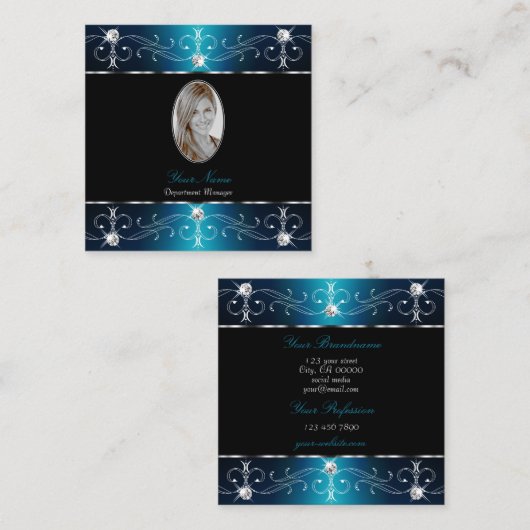 ブラックエレガントティール（緑がかった色）ブルー華美オーナメント写真の追加 スクエア名刺 (正面/裏面)