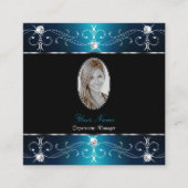 ブラックエレガントティール（緑がかった色）ブルー華美オーナメント写真の追加 スクエア名刺 (正面)