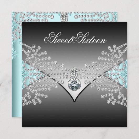 ブラックエレガントティール(緑がかった色)ブルーSweet sixteen誕生日 招待状 (正面/裏面)