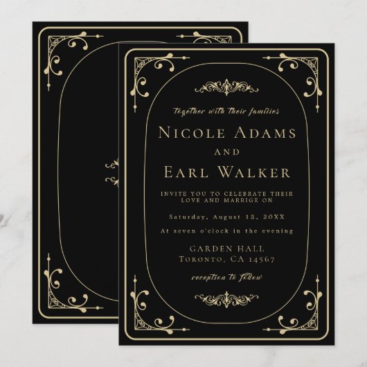 ブラックエレガントデコ金ゴールド結婚レトロ 招待状 (正面/裏面)