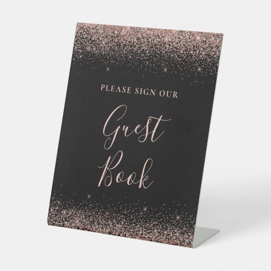 ブラックエレガントバラ金ゴールドグリッター結婚ズゲストブック 台座サイン (正面)