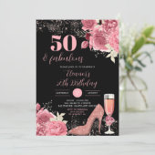 ブラックエレガントバラ金ゴールドシャンパンアダルト誕生日 招待状 (スタンド正面)