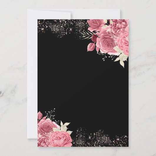 ブラックエレガントバラ金ゴールドシャンパンアダルト誕生日 招待状 (裏面)