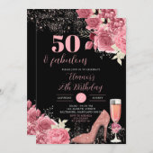 ブラックエレガントバラ金ゴールドシャンパンアダルト誕生日 招待状 (正面/裏面)