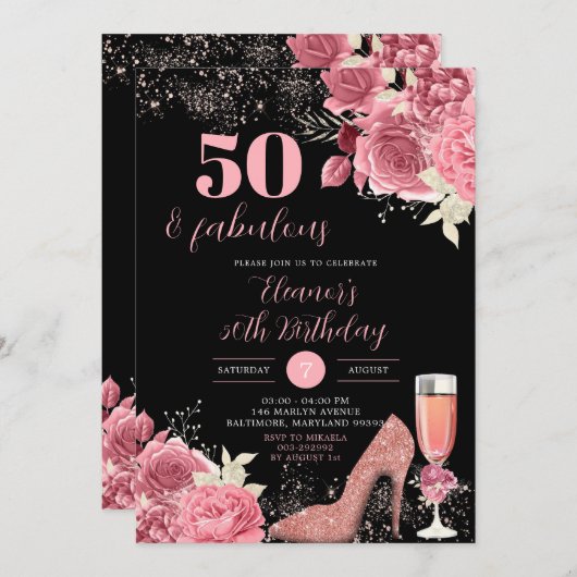 ブラックエレガントバラ金ゴールドシャンパンアダルト誕生日 招待状 (正面/裏面)