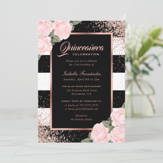 ブラックエレガントバラ金ゴールドピンクフローラキンセアニラ 招待状 (スタンド正面)