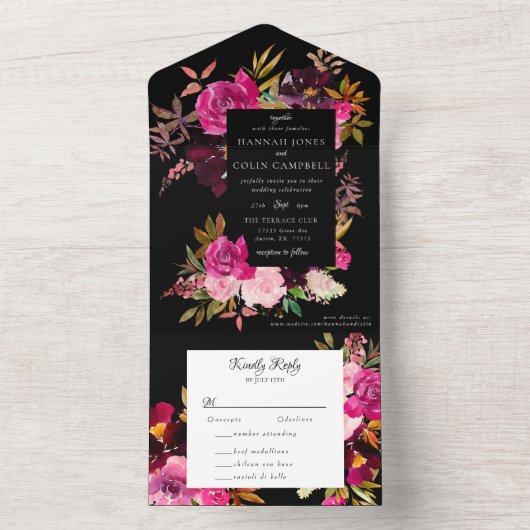 ブラックエレガントバーガンディーピンクフローラフレーム オールインワン招待状 (内側)