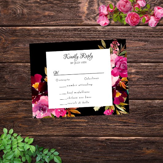 ブラックエレガントバーガンディーピンクフローラフレーム 出欠カード