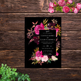 ブラックエレガントバーガンディーピンクフローラフレーム 招待状