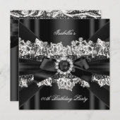 ブラックエレガントパールホワイトレースボウバースデーパーティー 招待状 (正面/裏面)