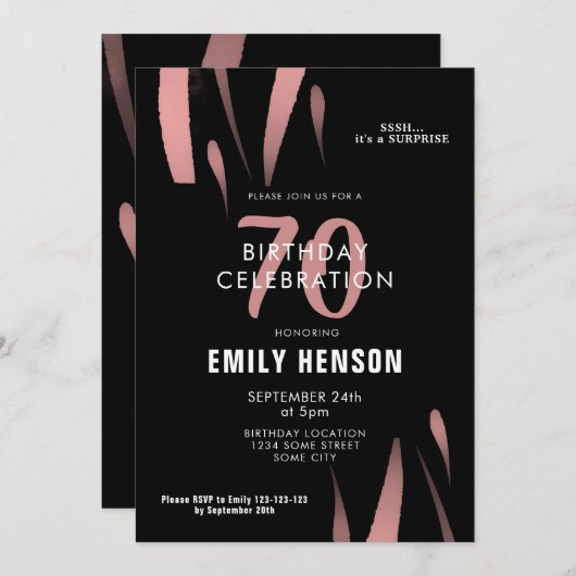 ブラックエレガントピンクウォーターカラー70thバースデーパーティー 招待状 (正面/裏面)