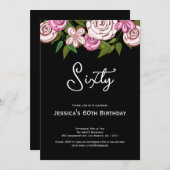 ブラックエレガントピンクフローラ60th誕生日パーティー 招待状 (正面/裏面)