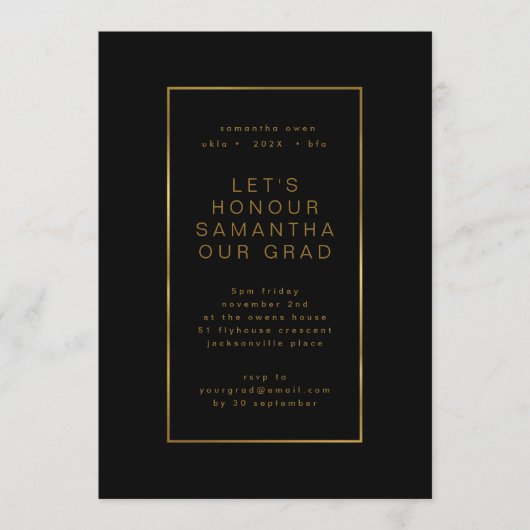 ブラックエレガントフォイルフェイクフォト大学グラード 招待状 (正面)
