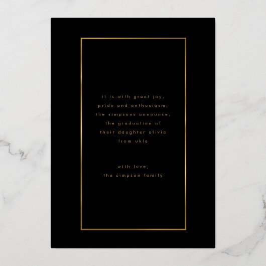 ブラックエレガントフォイル縁どフォトユニバーシティ卒業 箔招待状 (裏面)