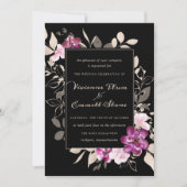 ブラックエレガントフローラのパープルピンク結婚 招待状 (正面)