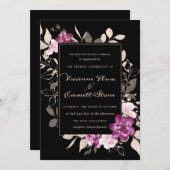 ブラックエレガントフローラのパープルピンク結婚 招待状 (正面/裏面)