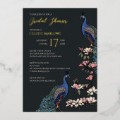 ブラックエレガントフローラピーコックブライダルシャワー 箔招待状 (正面)