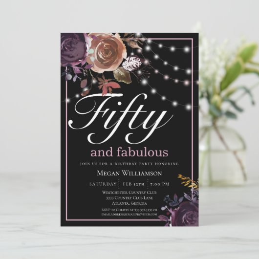ブラックエレガントフローラフィフティファブラス誕生日 招待状 (スタンド正面)