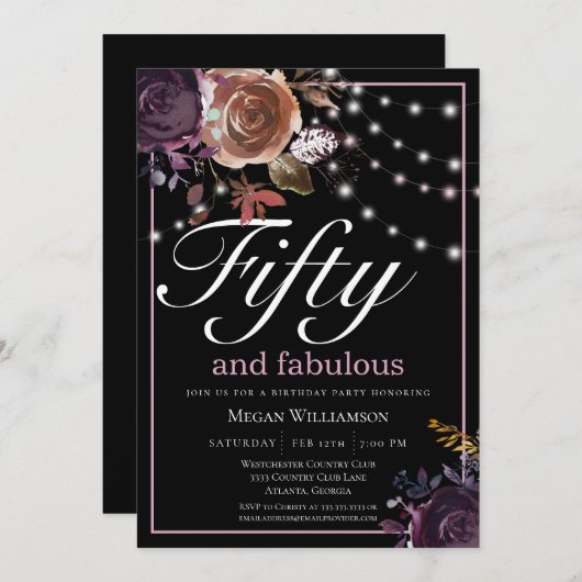 ブラックエレガントフローラフィフティファブラス誕生日 招待状 (正面/裏面)