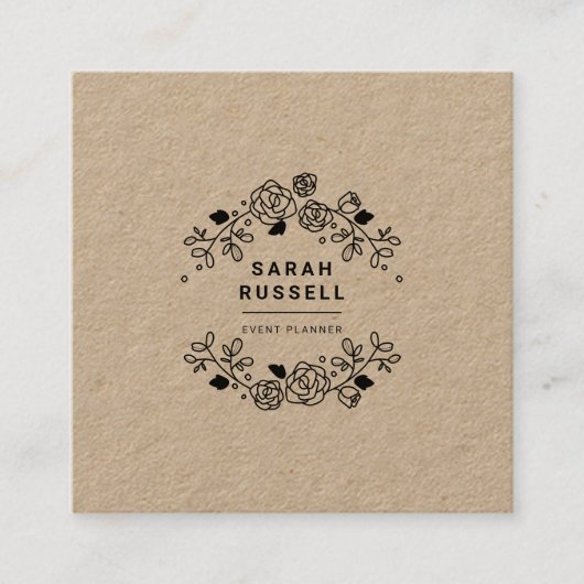 ブラックエレガントフローラフレームクラフトイベントプランナー スクエア名刺 (正面)