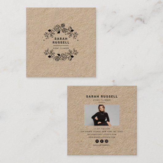 ブラックエレガントフローラフレームクラフトイベントプランナー スクエア名刺 (正面/裏面)