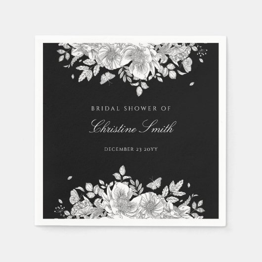 ブラックエレガントフローラブライダルシャワーナプキンス スタンダードカクテルナプキン (正面)