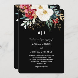 ブラックエレガントフローラブーケホリデー結婚ズ 招待状