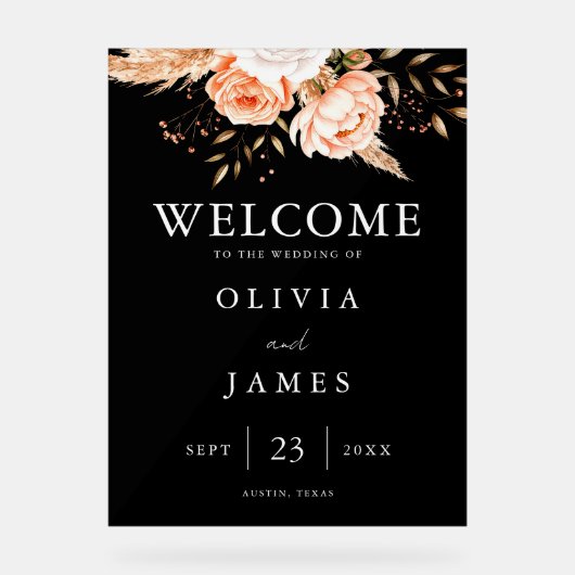 ブラックエレガントフローラ秋の結婚式へようこそ アクリルサイン (正面)