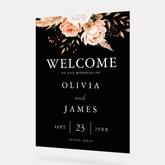 ブラックエレガントフローラ秋の結婚式へようこそ アクリルサイン (傾斜)