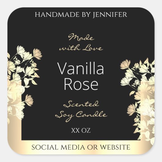 ブラックエレガントフローラ製品のパッケージラベル金ゴールド スクエアシール (正面)
