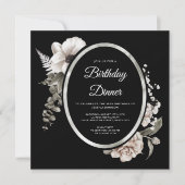 ブラックエレガントフローラ誕生日ディナーパーティー 招待状 (正面)