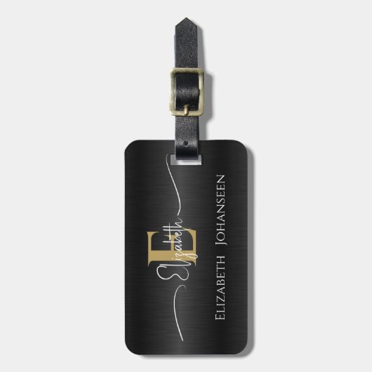 ブラックエレガントブラシ仕上げ金属金ゴールドモノグラムの ラゲッジタグ (正面縦)