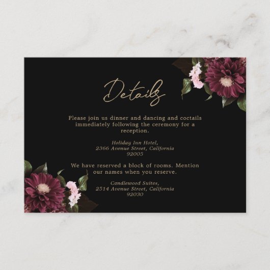 ブラックエレガントブルゴーニュフローラ結婚ズ エンクロージャーカード (正面)