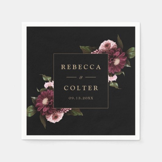 ブラックエレガントブルゴーニュフローラ結婚ズ スタンダードカクテルナプキン (正面)