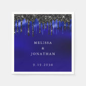 ブラックエレガントブルーグリッタードリップス警結婚察 スタンダードカクテルナプキン (正面)