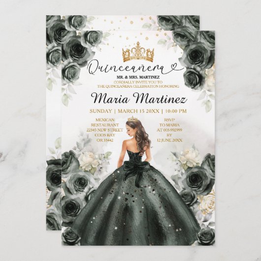 ブラックエレガントプリンセスドレスフローラキニャネラ 招待状 (正面/裏面)