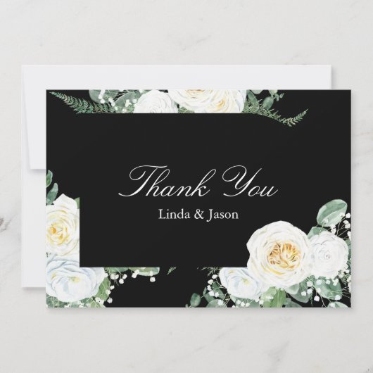 ブラックエレガントホワイトローズ結婚ズサンキューカード 招待状 (正面)