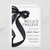 ブラックエレガントボウ誕生日招待状 サンキューカード (正面/裏面)
