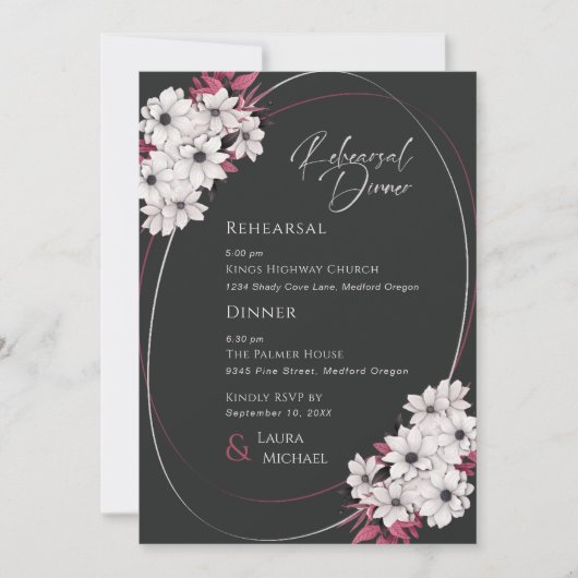 ブラックエレガントマゼンタフローラリハーサルディナー 招待状 (正面)