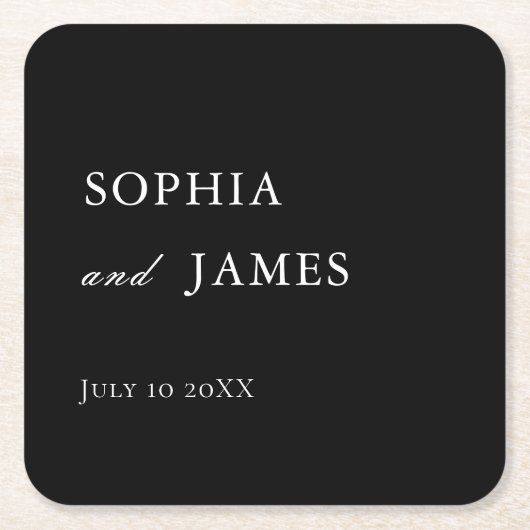 ブラックエレガントミニマル結婚リスト スクエアペーパーコースター (正面)
