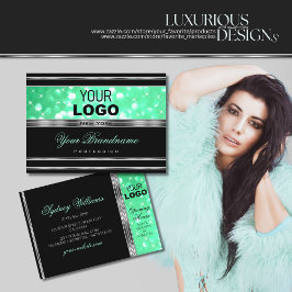 ブラックエレガントミントグリーングリッタースターズロゴシルバー 名刺