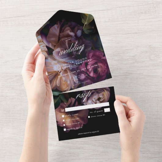 ブラックエレガントムーディフローラズ結婚ディナー オールインワン招待状 (貼ってはがせる)