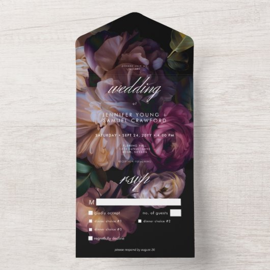 ブラックエレガントムーディフローラズ結婚ディナー オールインワン招待状 (内側)